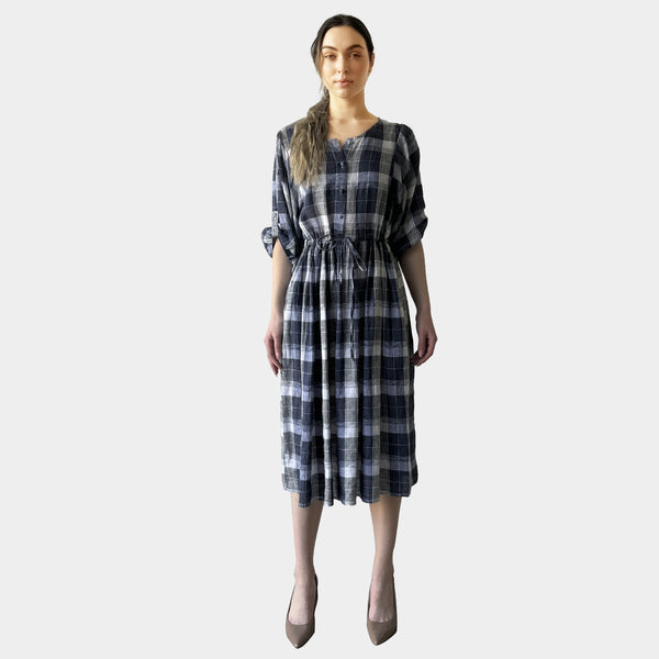 AM022178 CLASSIC GINGHAM 100%LINEN DRESS