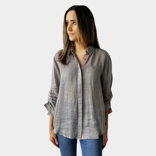 AM02468-1 COLOR TRIM 100%LINEN SHIRT