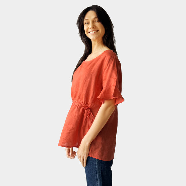 AM023012 FLEXIBLE WAIST 100%LINEN TOP