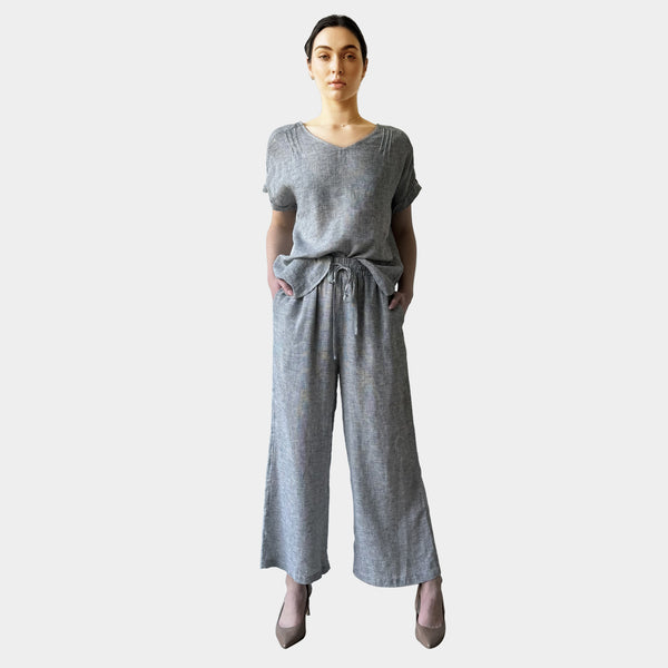 AM0223-1 SIDE POCKET GINGHAM 100%LINEN PANT