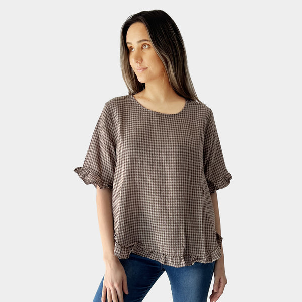 AM02497-1 100%LINEN GINGHAM TOP