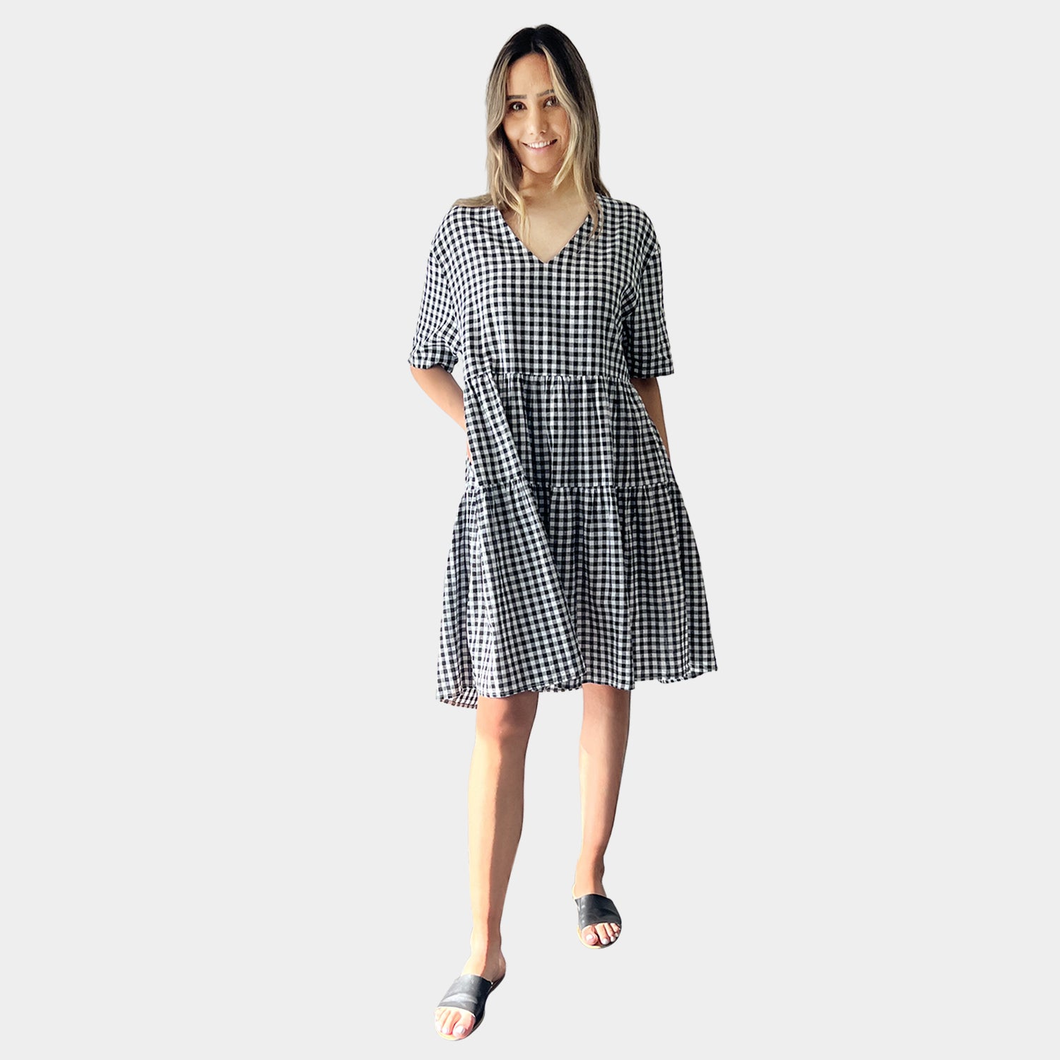 AM01128-1 V NECK SIDE POCKET LINEN DRESS