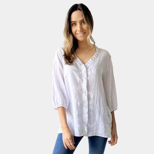 AM02479 100%LINEN V NECK TRIM TOP