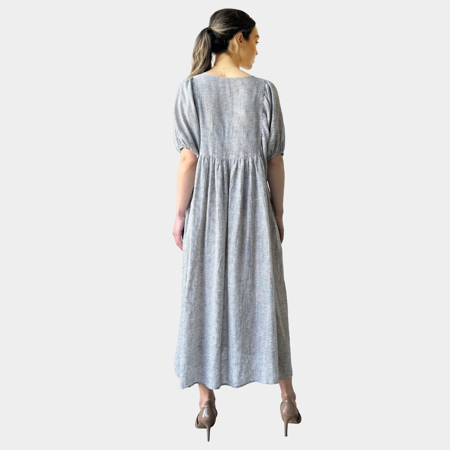 AM0221-1 GINGHAM 100%LINEN DRESS