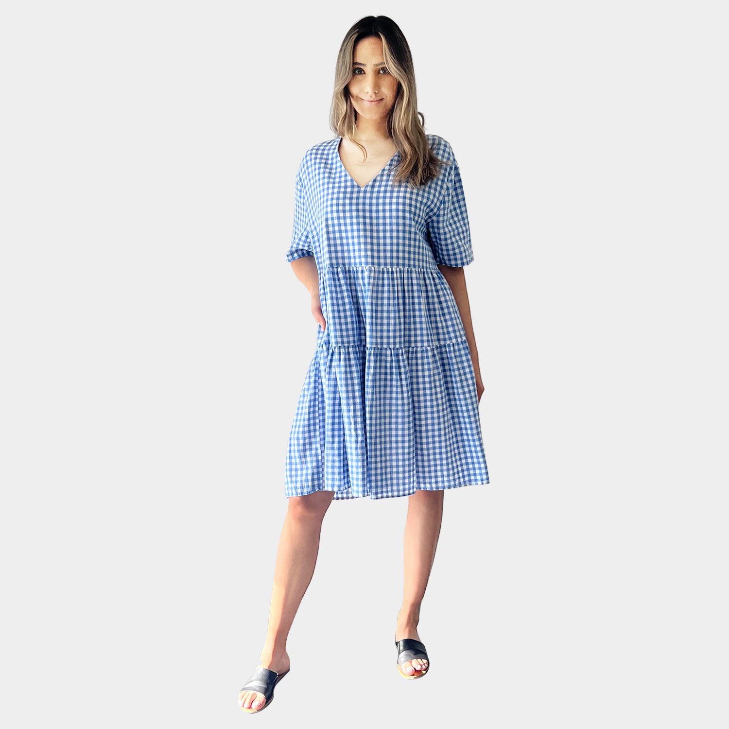 AM01128-1 V NECK SIDE POCKET LINEN DRESS