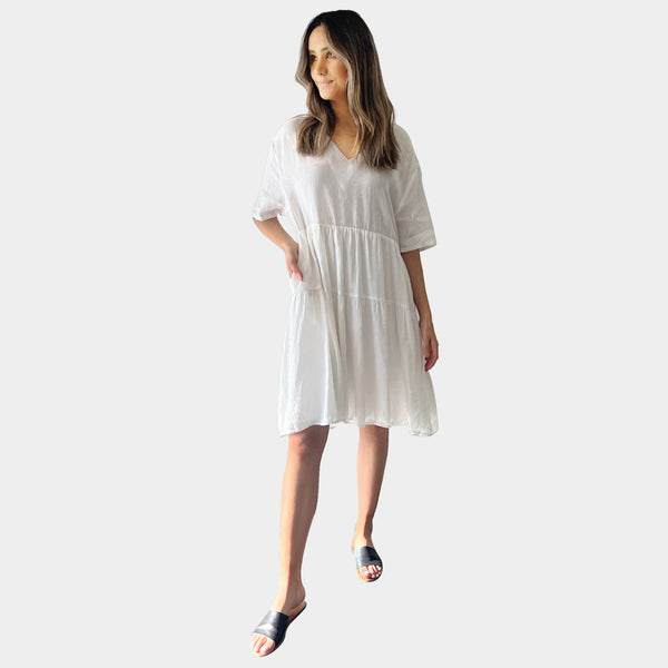 AM01128 SIDE POCKETS V NECK 100%LINEN DRESS