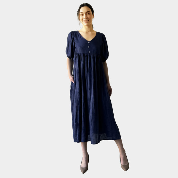 AM0221 SIDE POCKET  V NECK 100%LINEN DRESS