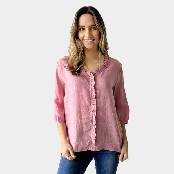 AM02479 100%LINEN V NECK TRIM TOP