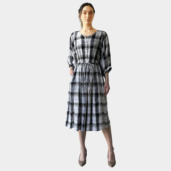 AM022178 CLASSIC GINGHAM 100%LINEN DRESS