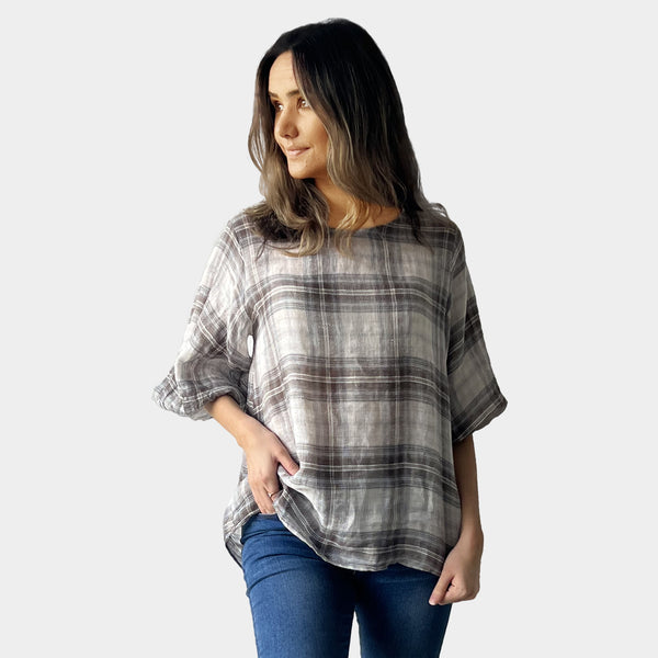 AM02390 100%LINEN GINGHAM TOP