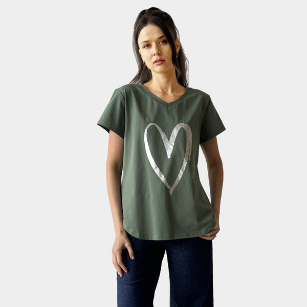 AM022202 LOVE HEART PRINT V NECK TEE