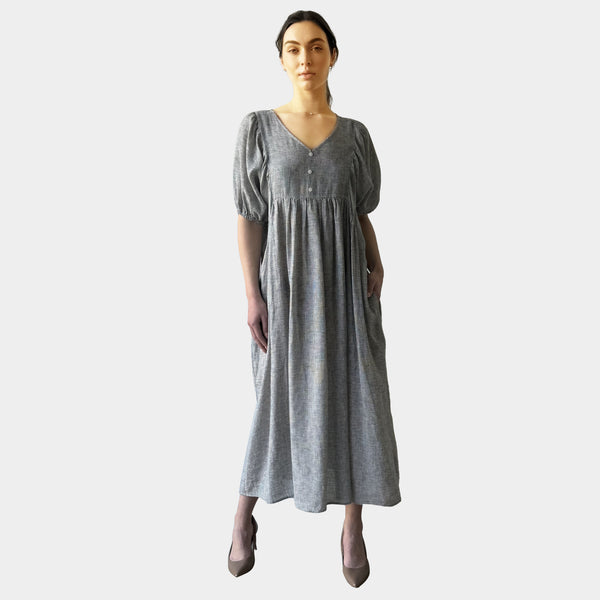 AM0221-1 GINGHAM 100%LINEN DRESS