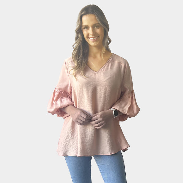 AM022123-1 LANTERN SLEEVE & V NECK LOOSE TOP