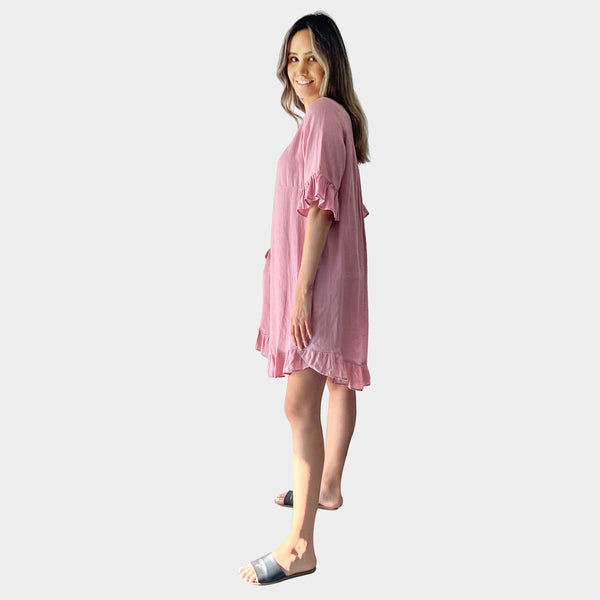 AM02472 SIDE POCKET 100%LINEN DRESS