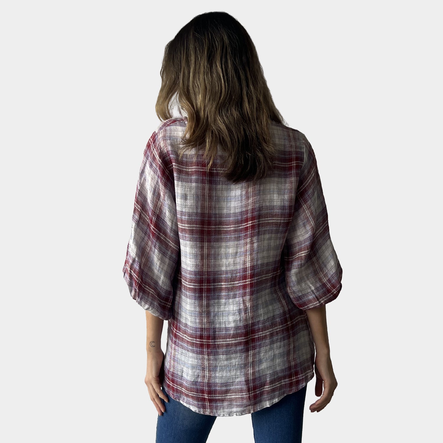 AM02390 100%LINEN GINGHAM TOP