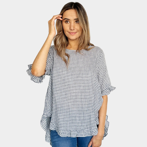 AM02497-1 100%LINEN GINGHAM TOP