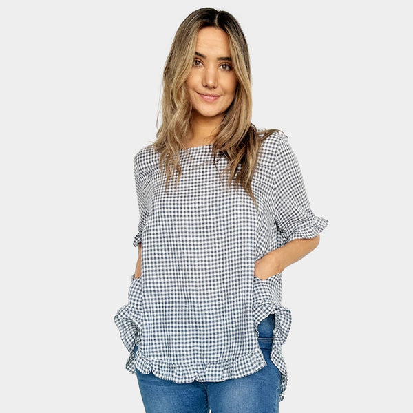 AM02497-1 100%LINEN GINGHAM TOP