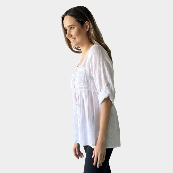 AM02391 ROLL SLEEVES 100%LINEN TOP