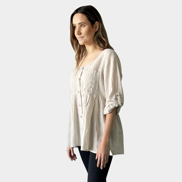 AM02391 ROLL SLEEVES 100%LINEN TOP