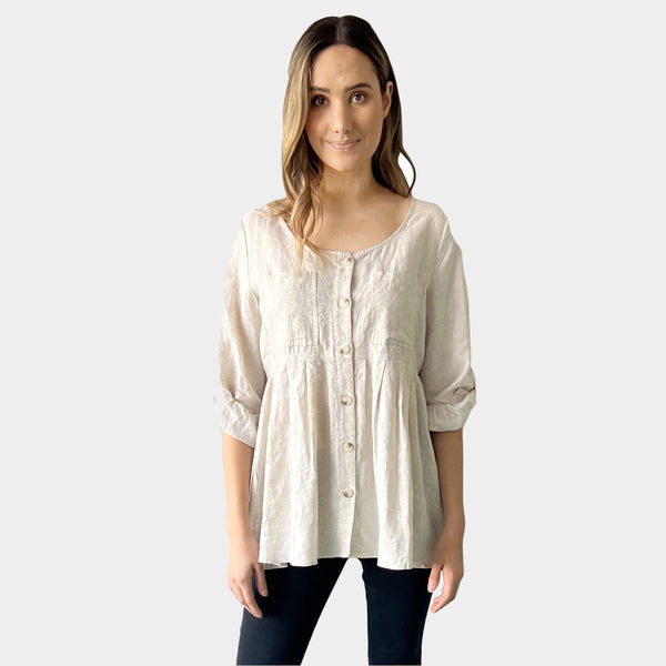 AM02391 ROLL SLEEVES 100%LINEN TOP