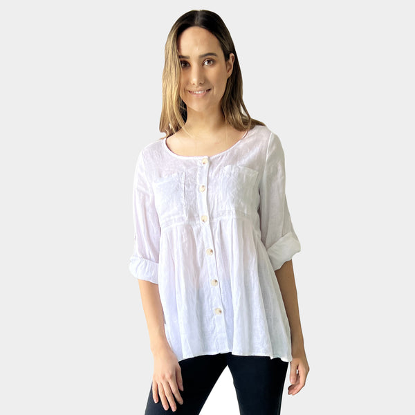 AM02391 ROLL SLEEVES 100%LINEN TOP